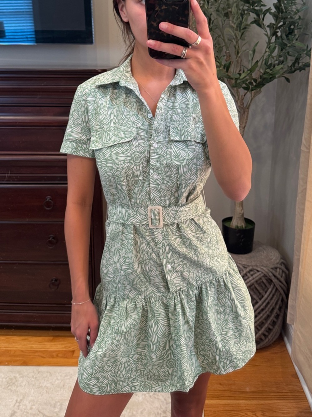 Amanda Uprichard XS Mint Green Floral Belted Mini Shirt Dress